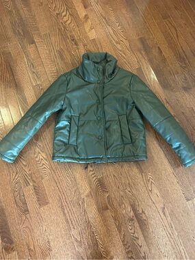 Vegan Leather Green Women's Puffer Jacket